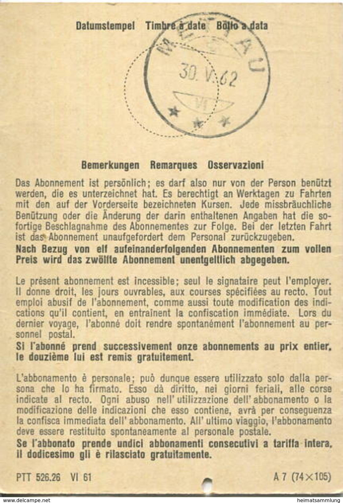 Schweiz - PTT - Lehrlings-Abonnement 1962 Mettau Etzgen - Europa