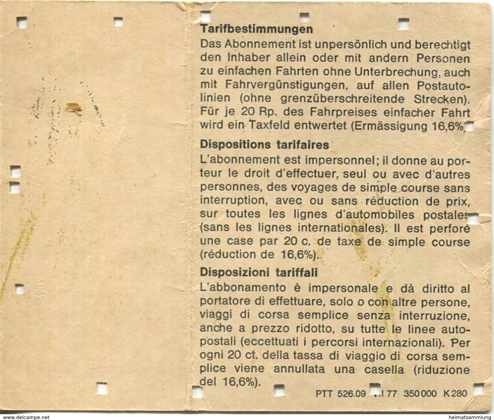 Schweiz - Schweizerische PTT-Betriebe - Innhaberabonnement - Fahrschein 1980 - Europa