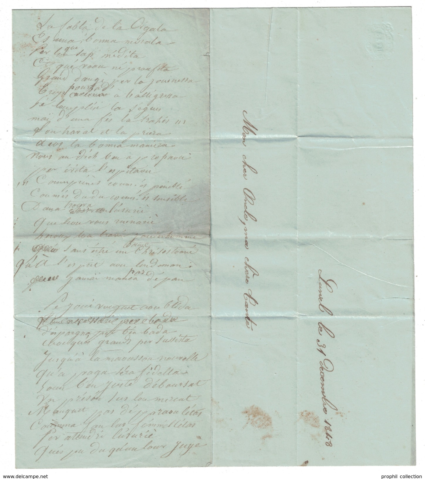 CAD 1 JANVIER 1849 (1er JOUR D'EMISSION DU TIMBRE) sur LAC NON AFFRANCHIE TAXÉE de LUNEL pour MONTPELLIER (DECEMBRE 1848