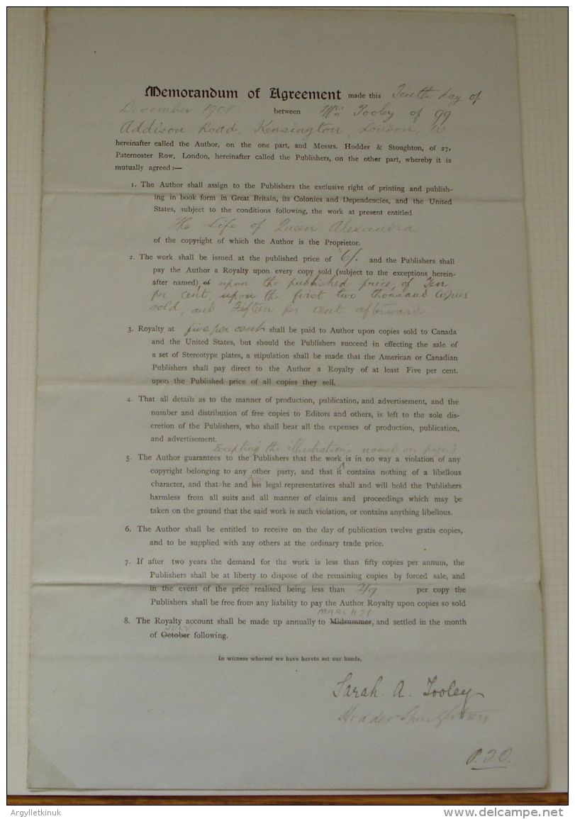 MEMORANDUM OF AGREEMENT SARAH TOOLEY BOOK LIFE OF QUEEN ALEXANDRA 1901 - United Kingdom