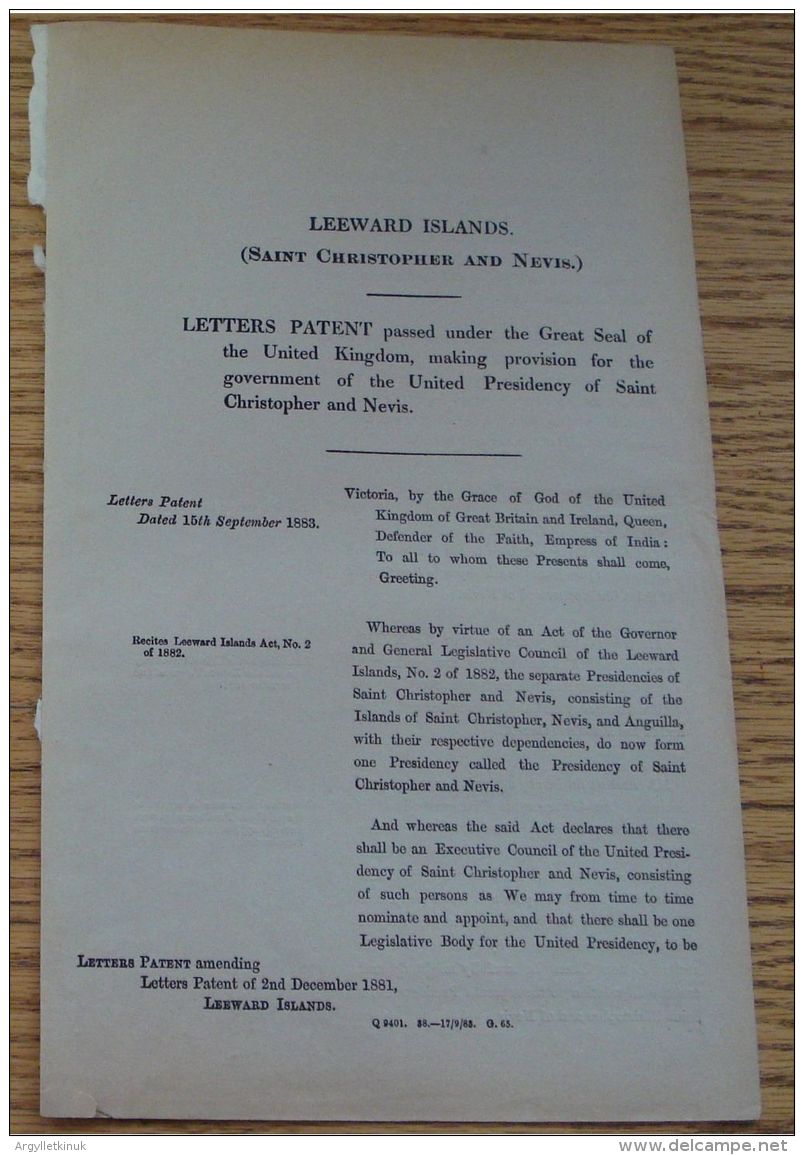 LEEWARD ISLES PRINT OF LETTERS PATENT APPOINTMENT GOVERNOR COMMANDER 1881/3 - Historical Documents