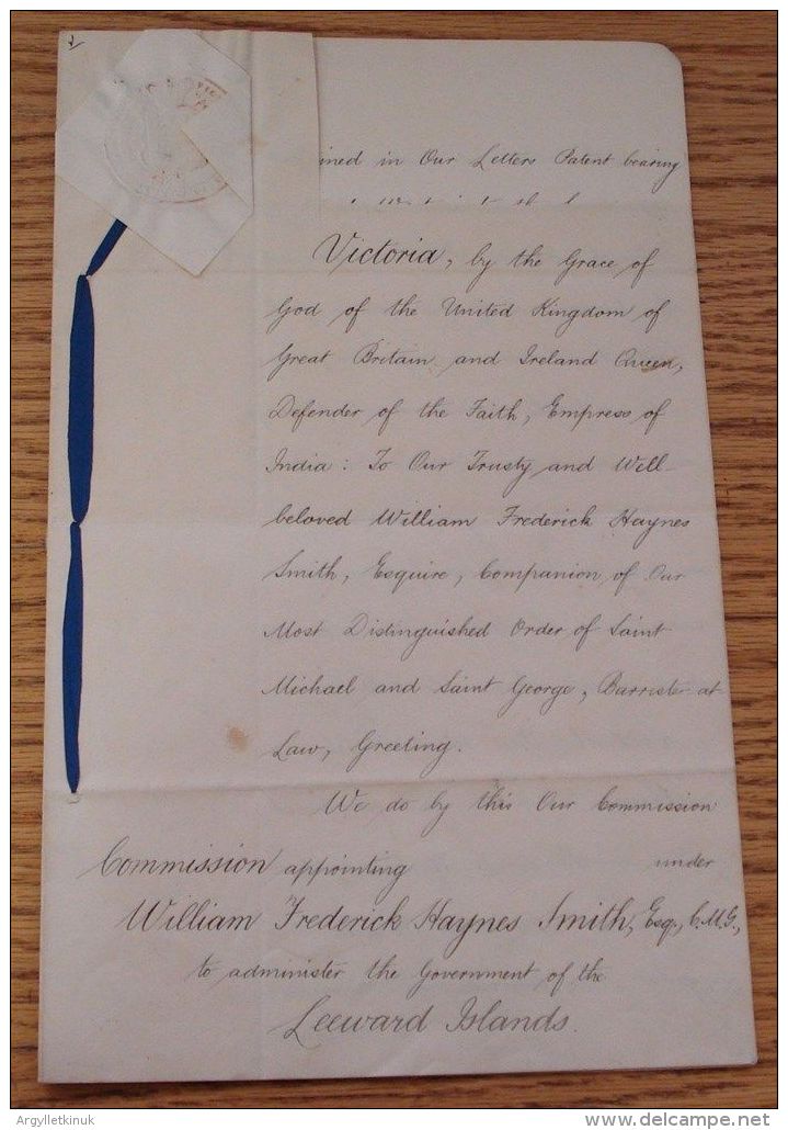 LEEWARD ISLES COMMISSION APPOINTING WF HAYNES SMITH ADMINISTRATOR 1887 - Manuscripten