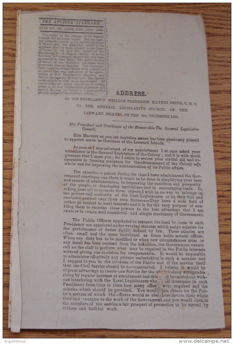 LEEWARD ISLES APPOINTMENT ADDRESS WF HAYNES SMITH TO LEGISLATURE 1888 BALL - Historical Documents