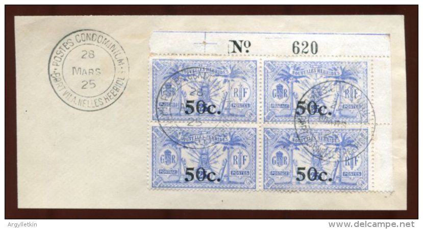 FRENCH NEW HEBRIDES 1924 OVERPRINT BLOCK OF FOUR - Oblitérés