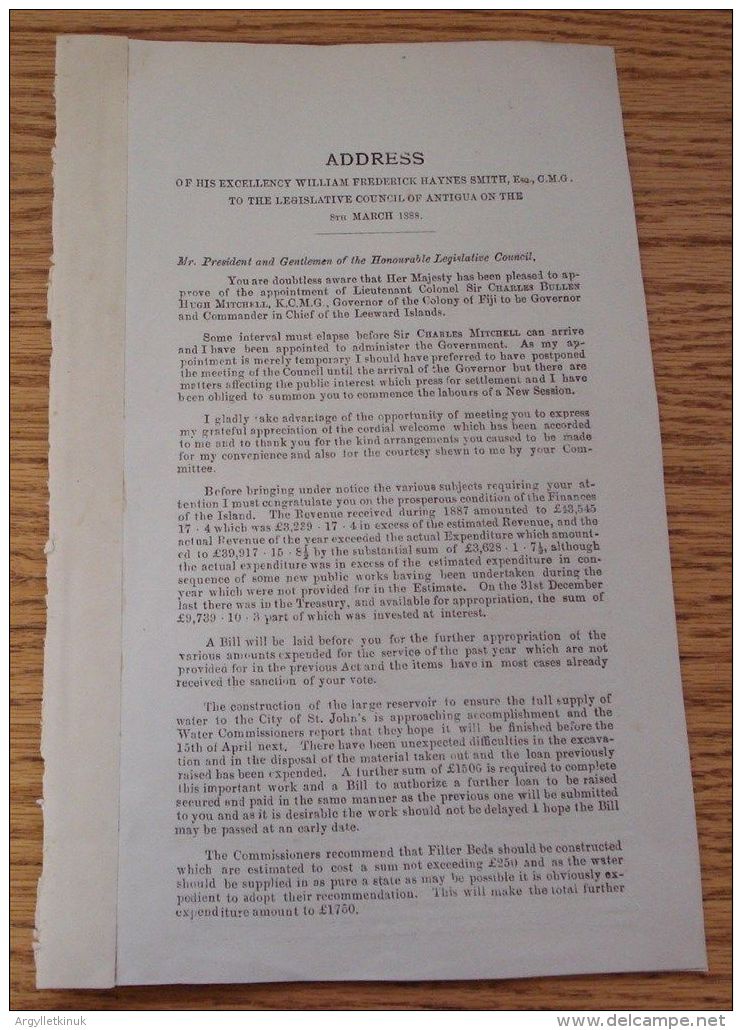 ANTIGUA 1888 SPEECH GIVEN BY SIR WF HAYNES SMITH GOVERNOR TO LEGISLATURE - Historical Documents