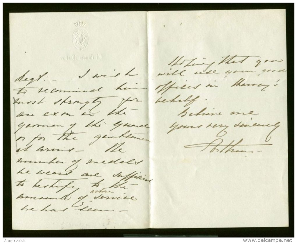 FINE REFERENCE LETTER FROM PRINCE ARTHUR DUKE OF CONNAUGHT 1880 MAJOR HERVEY - Historical Documents