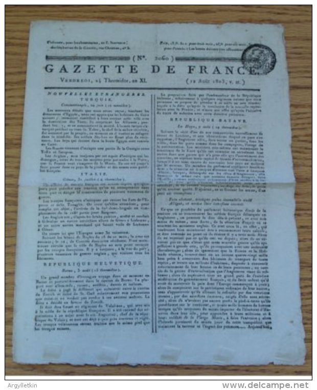 FRANCE NAPOLEONIC PERIOD NEWSPAPER WAR PROPAGANDA ARMY BALLOONS 1803 - Historische Documenten