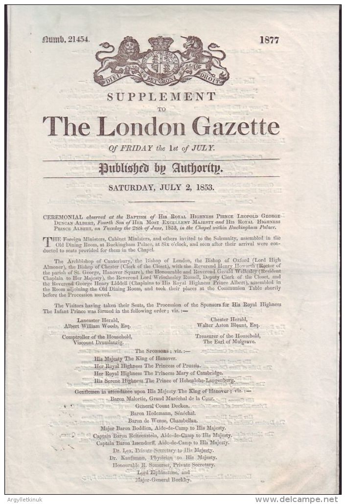 THE LONDON GAZETTE 1853 REGARDING BAPTISM PRINCE LEOPOLD WITH NEWSPAPER STAMP - Nieuws / Lopende Zaken