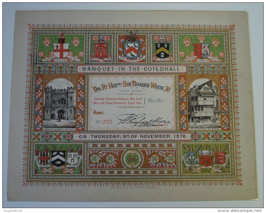 FINE LARGE LONDON GUILDHALL BANQUET TICKET 1876 RT. HON. SIR THOMAS WHITE - Tickets - Vouchers