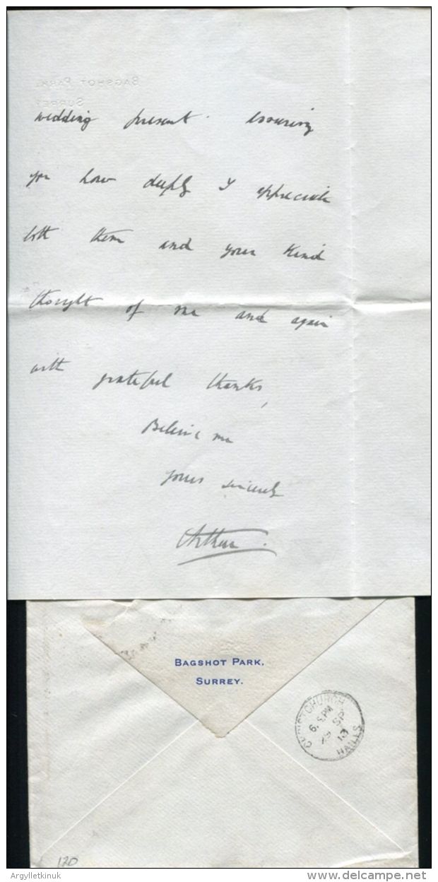 WEDDING PRESENT THANK U LETTER PRINCE ARTHUR DUKE OF CONNAUGHT BAGSHOT PARK - Historical Documents