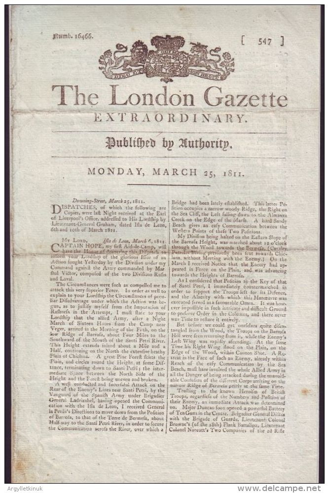 THE LONDON GAZETTE 1811 REGARDING THE BATTLE OF BARROSA WITH NEWSPAPER STAMP - Journalismus