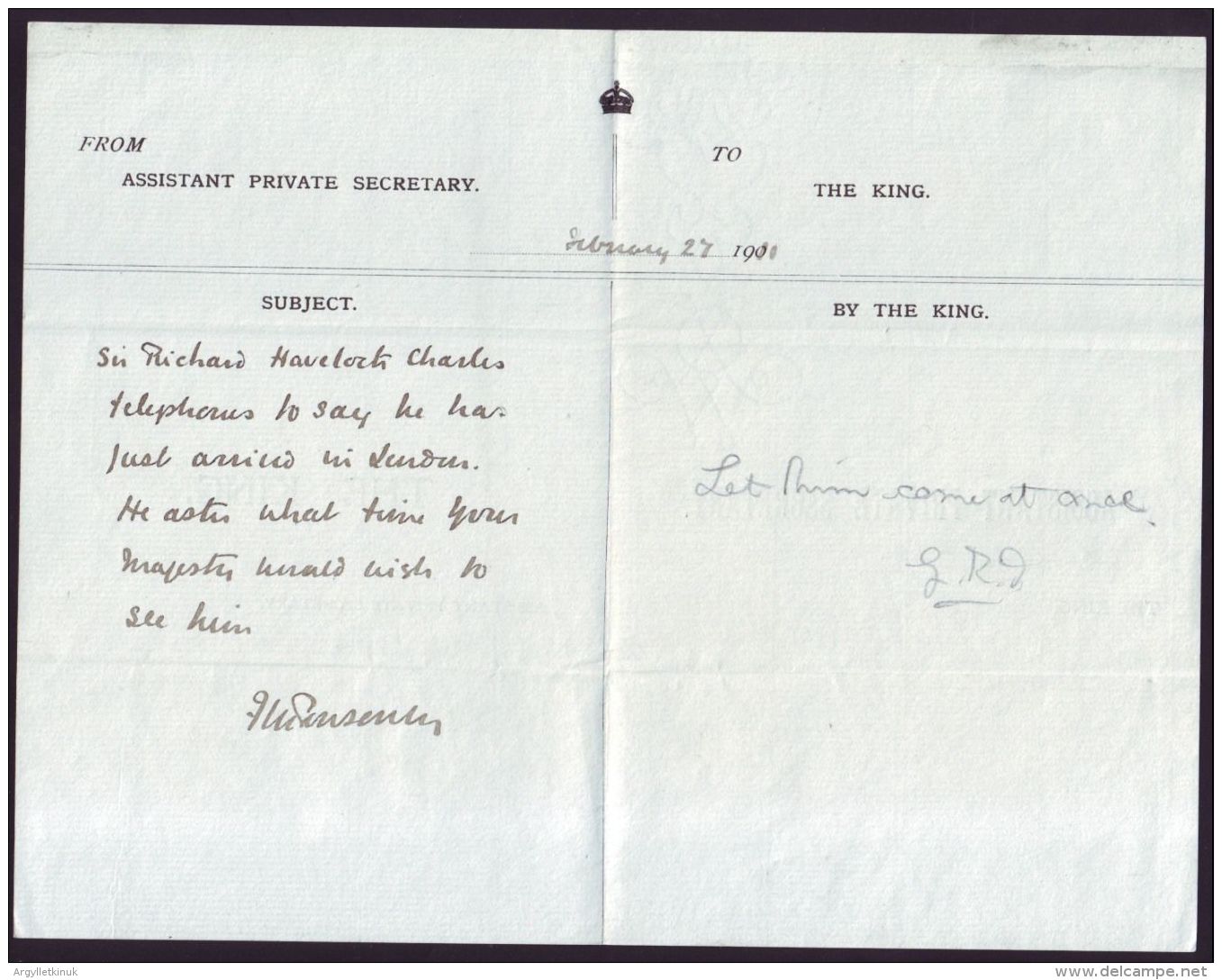 MEMORANDUM PONSONBY KING GEORGE V SIR RICHARD CHARLES HAVELOCK 1911 - Historical Documents