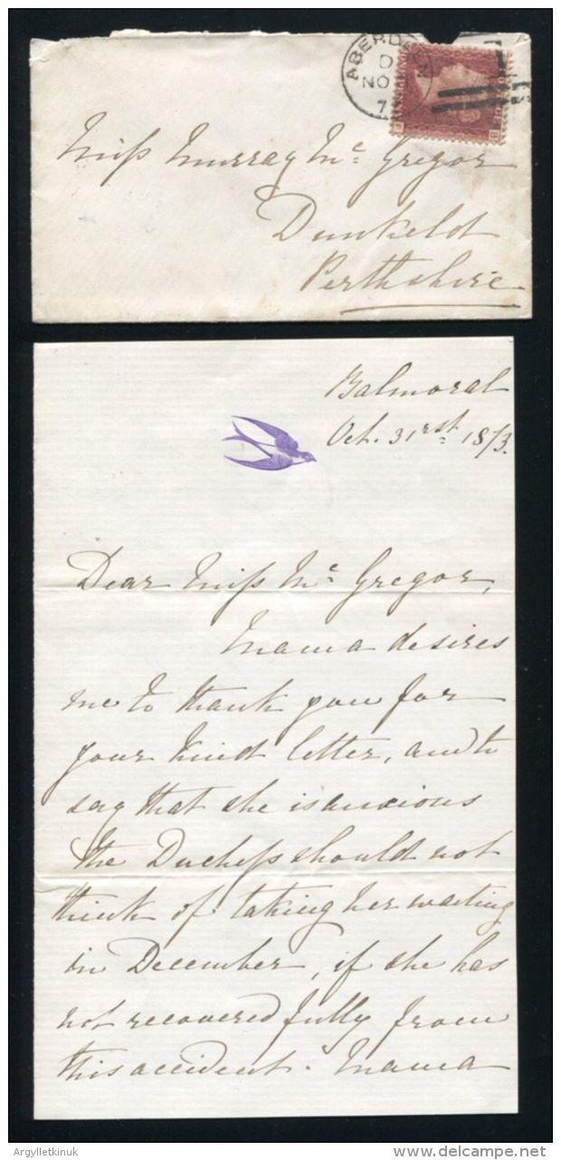 PRINCESS BEATRICE QUEEN VICTORIA LETTER ENVELOPE BALMORAL 1873 MISS MCGREGOR - Historical Documents