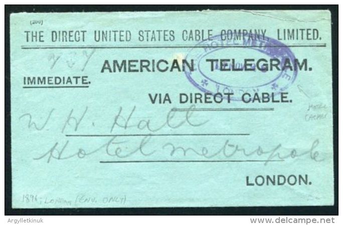 GREAT BRITAIN UNITED STATES TELEGRAM HOTEL METROPOLE LONDON 1896 - Other & Unclassified