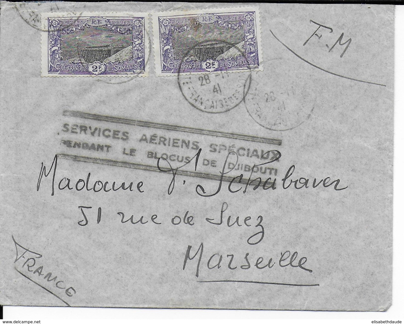 COTE DES SOMALIS - 1941 - LETTRE FM De DJIBOUTI  Avec SERVICE AERIEN SPECIAL (BLOCUS) => MARSEILLE - Briefe U. Dokumente