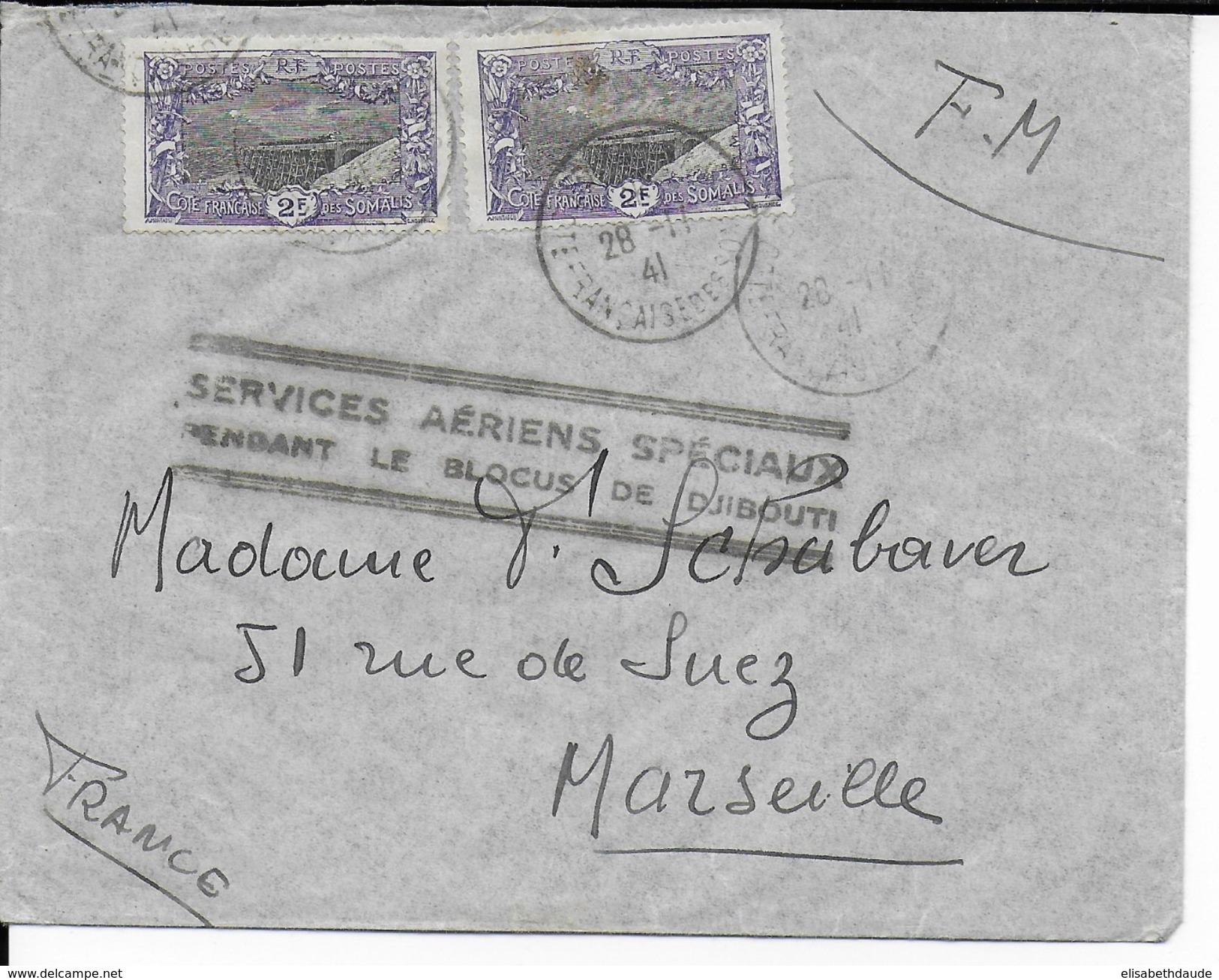 COTE DES SOMALIS - 1941 - LETTRE FM De DJIBOUTI  Avec SERVICE AERIEN SPECIAL (BLOCUS) => MARSEILLE - Lettres & Documents