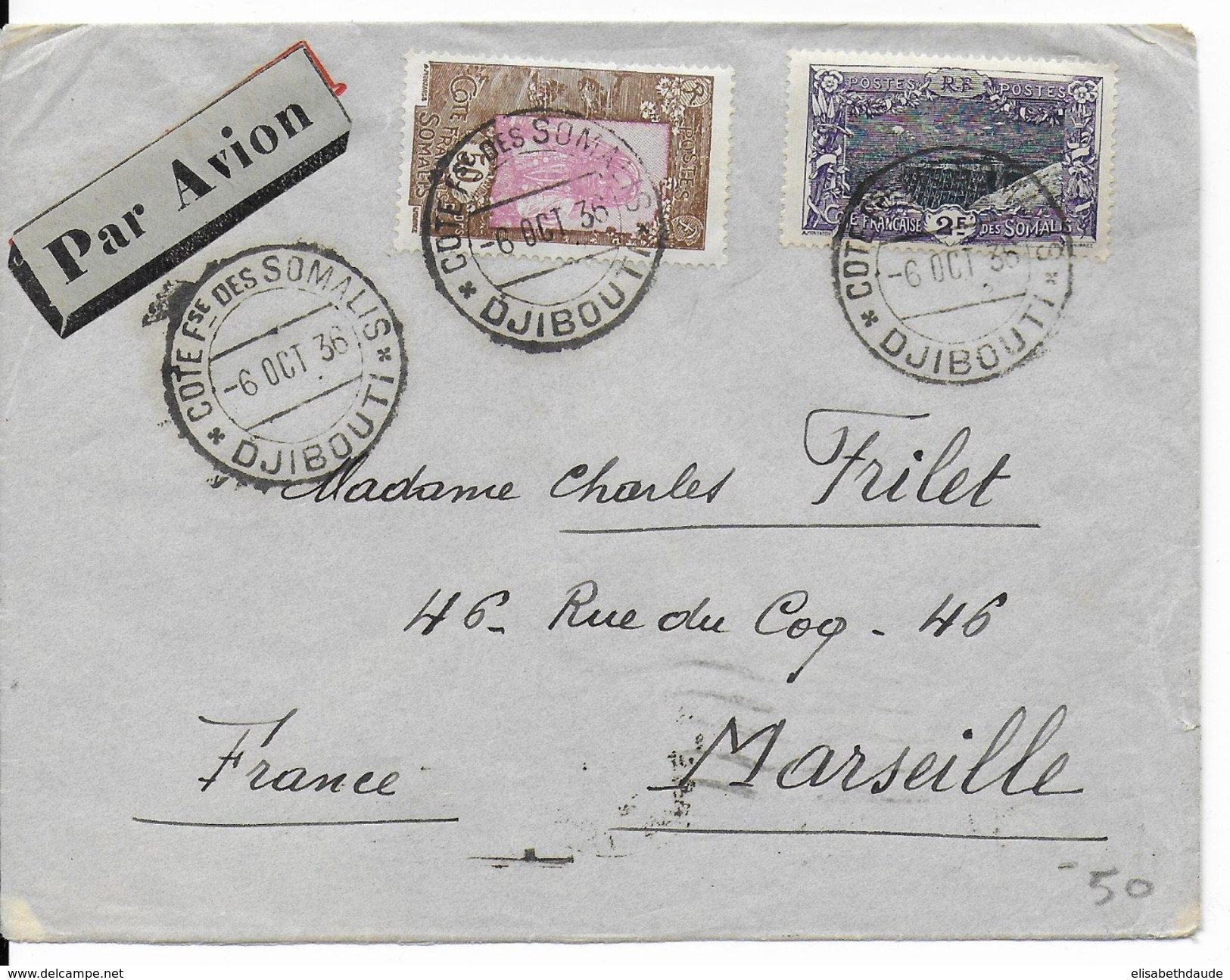 COTE DES SOMALIS - 1936 - LETTRE Par AVION De DJIBOUTI  => MARSEILLE - Lettres & Documents