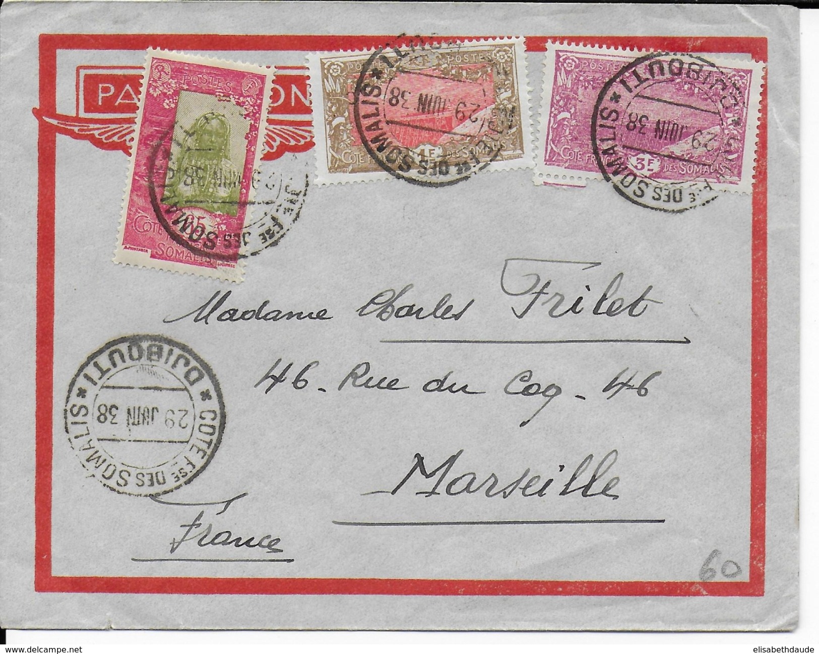 COTE DES SOMALIS - 1938 - LETTRE Par AVION De DJIBOUTI  => MARSEILLE - Lettres & Documents