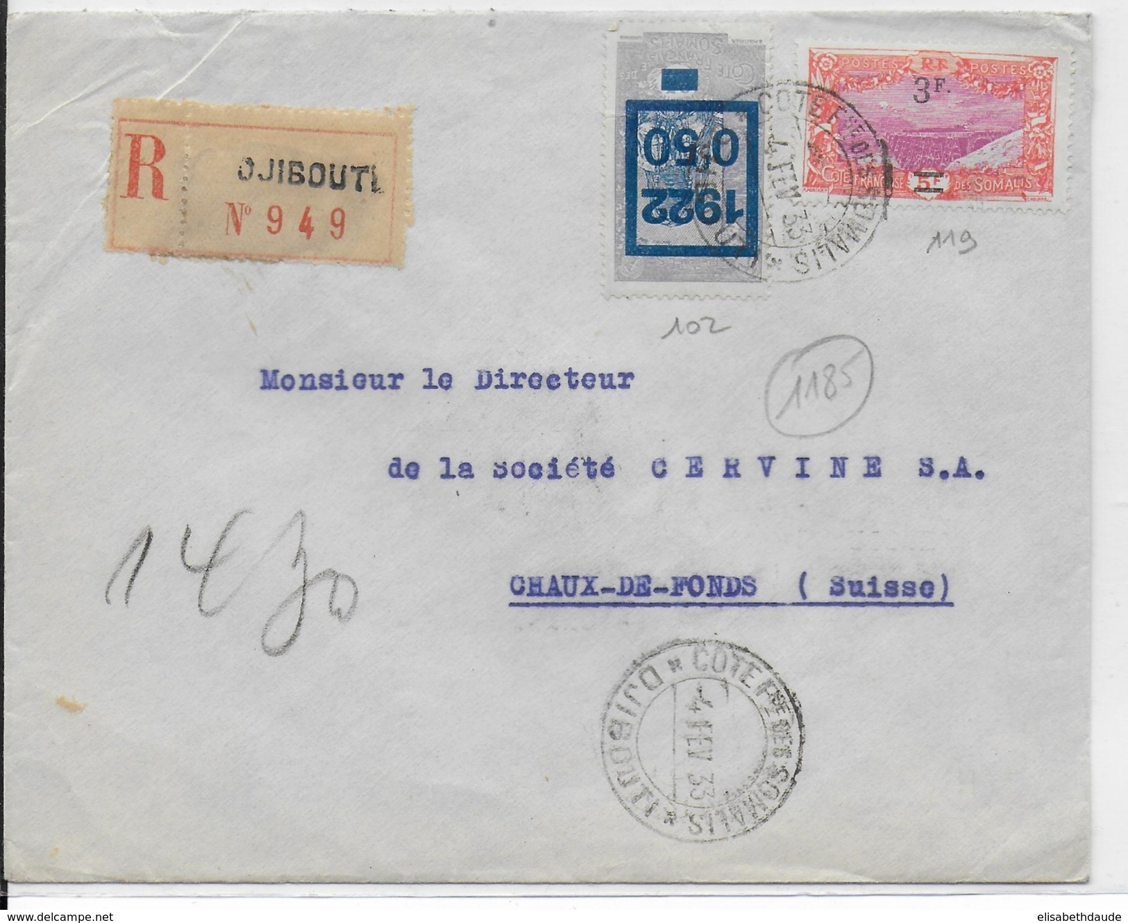 COTE DES SOMALIS - 1933 - LETTRE RECOMMANDEE De DJIBOUTI  => CHAUX DE FONDS (SUISSE) - Lettres & Documents