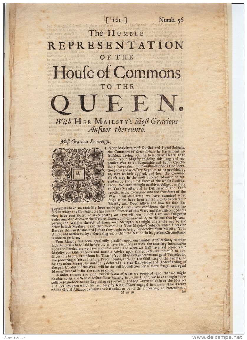 HOUSE OF COMMONS REPRESENTATION TO QUEEN ANNE 1711 - Historical Documents