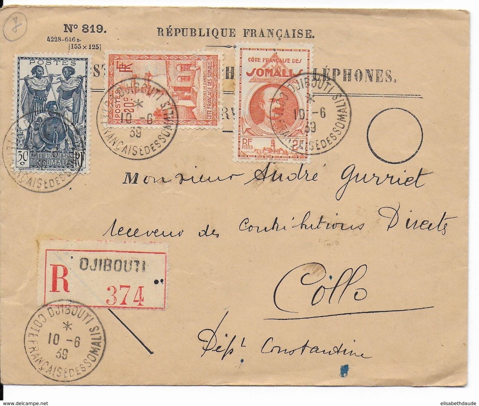COTE DES SOMALIS - 1939 - LETTRE RECOMMANDEE De DJIBOUTI  => COLLO (ALGERIE) - Lettres & Documents