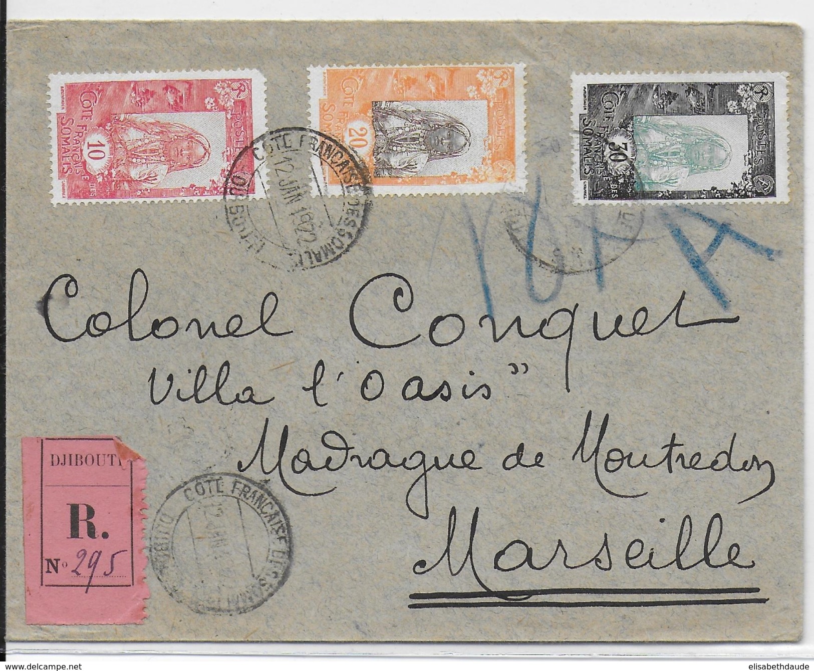 COTE DES SOMALIS - 1922 - LETTRE RECOMMANDEE De DJIBOUTI  => MARSEILLE - Lettres & Documents