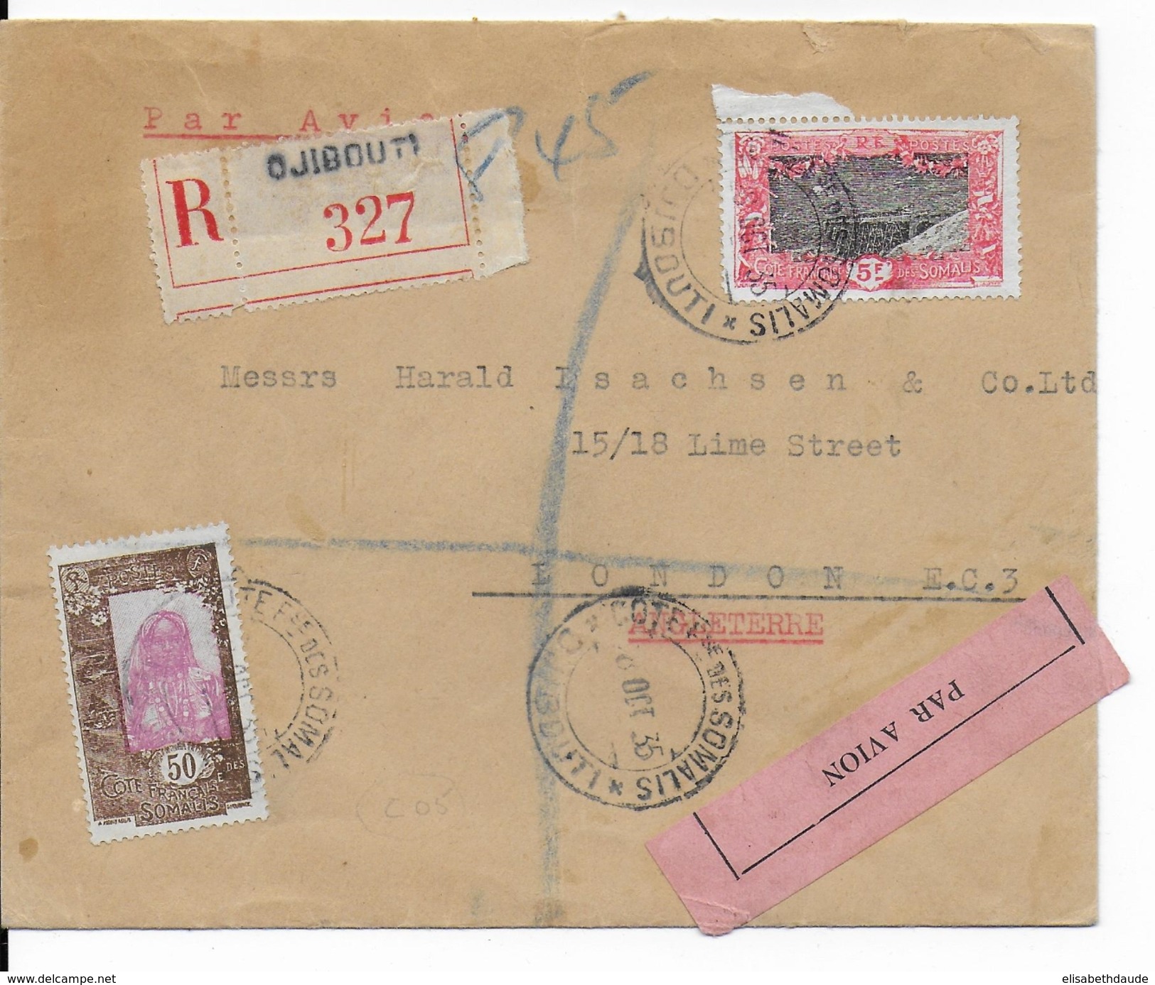 COTE DES SOMALIS - 1935 - LETTRE RECOMMANDEE Par AVION De DJIBOUTI  => LONDRES - VOYAGEE Par VOIE MARITIME (VOIR DOS) - Lettres & Documents