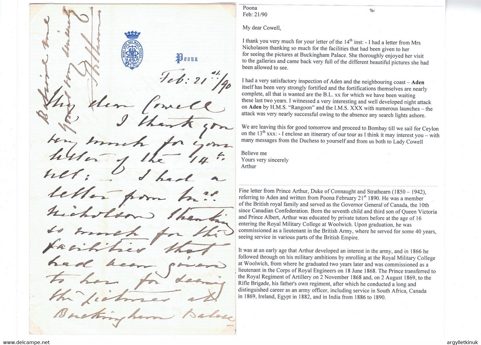 RARE LETTER PRINCE ARTHUR DUKE OF CONNAUGHT FROM POONA INDIA ADEN - Historical Documents