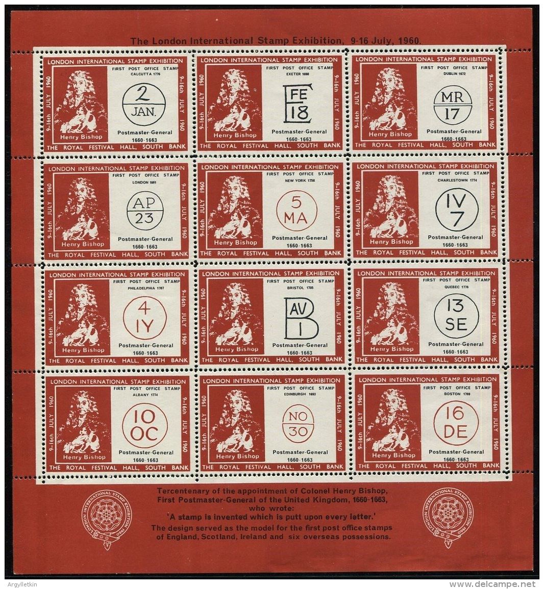 GREAT BRITAIN FIRST POSTMASTER BISHOP 1960 LONDON INTERNATIONAL STAMP EXHIBITION - Feuilles, Planches  Et Multiples