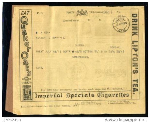 INDIA KGV TELEGRAM/TEA/CIGARETTES/TOBACCO 1926 - 1911-35 King George V