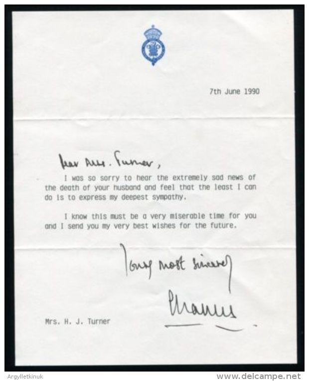 CONDOLENCE LETTER & ENVELOPE HAND SIGNED AUTOGRAPH PRINCE CHARLES OF WALES - Other & Unclassified