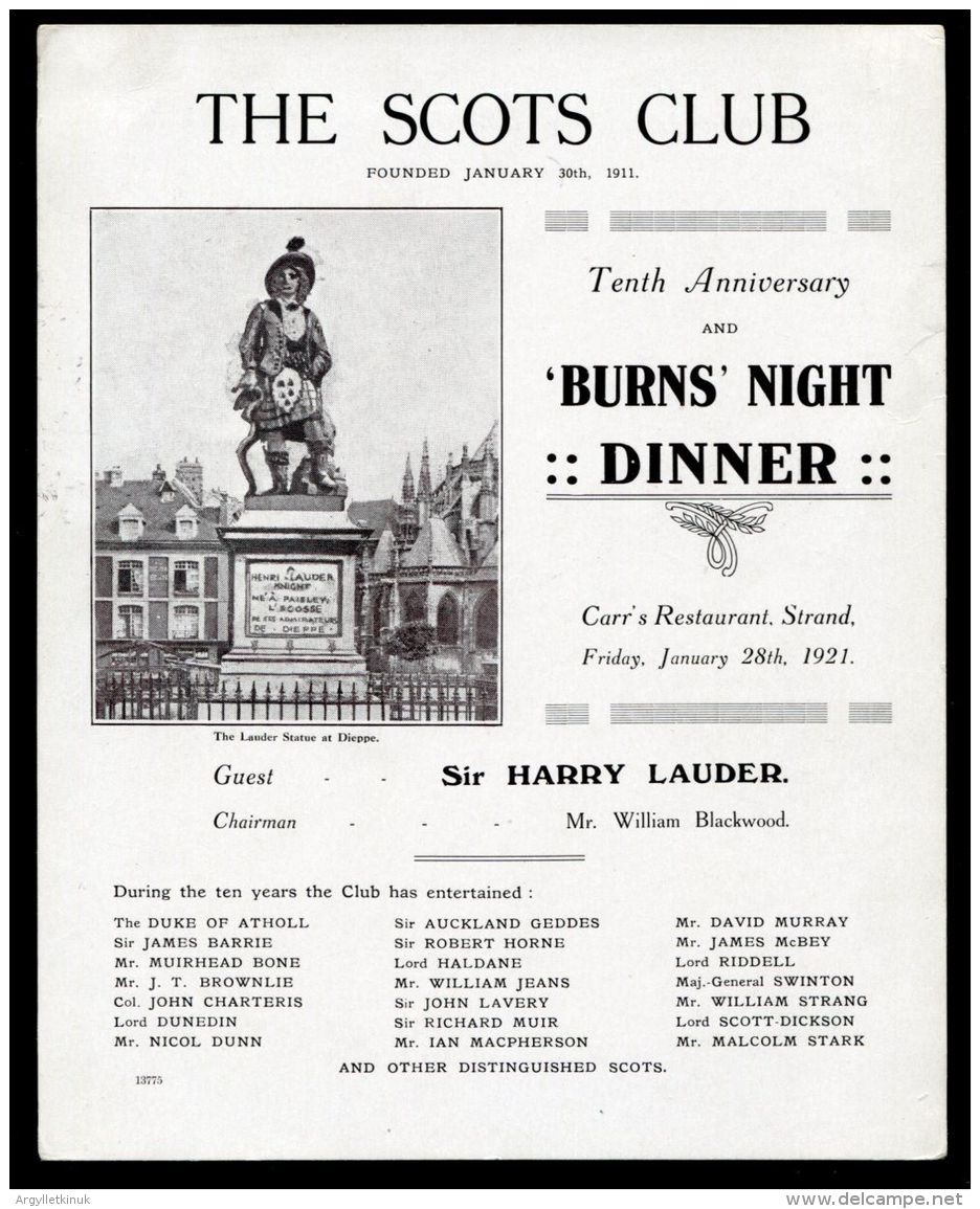 SCOTS CLUB 10th ANNIVERSARY BURNS NIGHT DINNER CARR'S STRAND SIR HARRY LAUDER - Programs