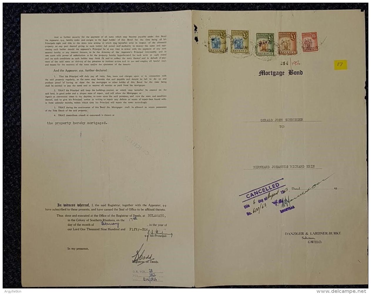 SOUTHERN RHODESIA REVENUES 1956/57 GWELO IMPORTANT SIGNATURE - Autres & Non Classés