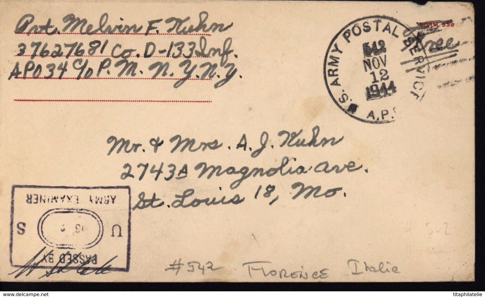 Italie Occupation Américaine Franchise FM US Army Postal Service APO 542 Florence Censure Guerre 39/45 Guerre 40 - Sonstige & Ohne Zuordnung