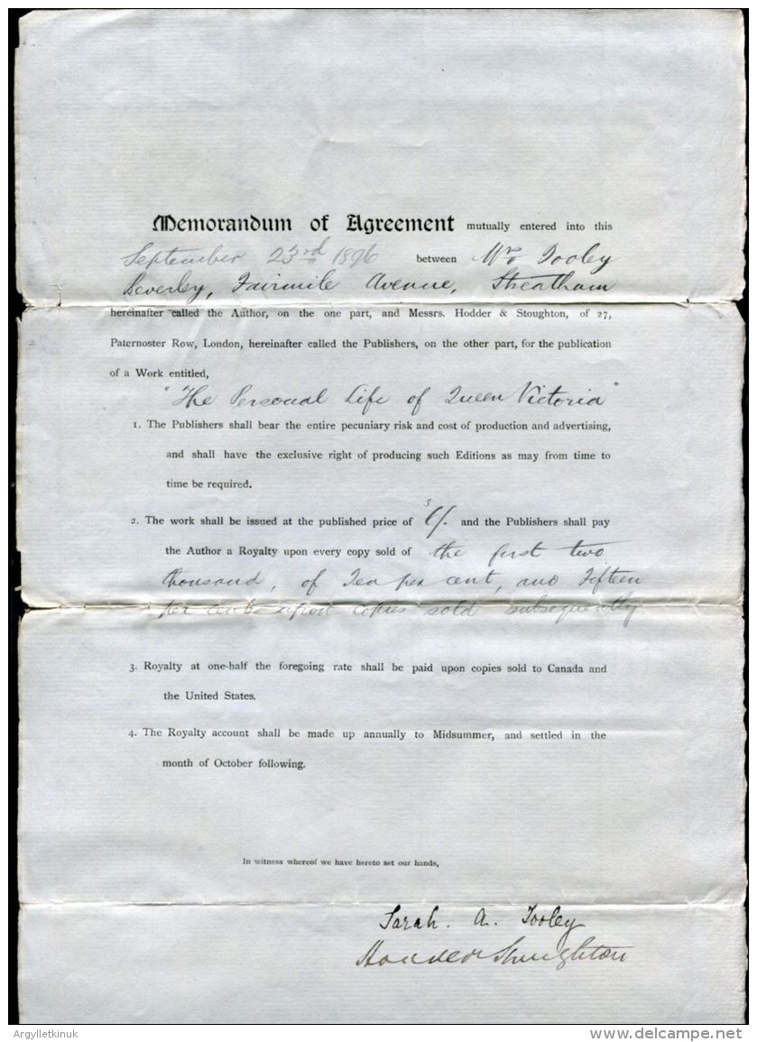 MEMORANDUM HODDER & STOUGHTON THE PERSONAL LIFE OF QUEEN VICTORIA TOOLEY - Historical Documents