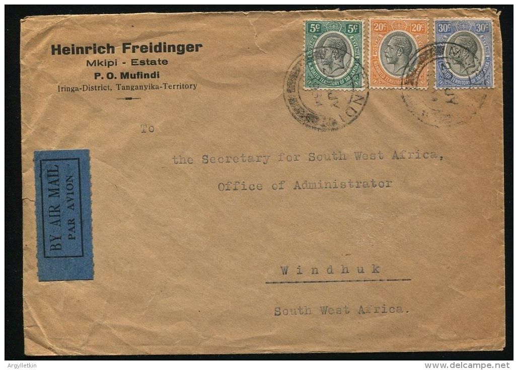 TANGANYIKA MUFINDI AIR MAIL SOUTH WEST AFRICA DOUBLE FLIGHT 1934 - Tanganyika (...-1932)