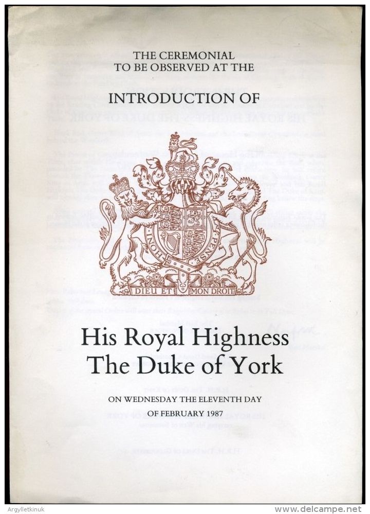 1987 HOUSE OF LORDS CEREMONIAL FOR HRH DUKE OF YORK - Programs