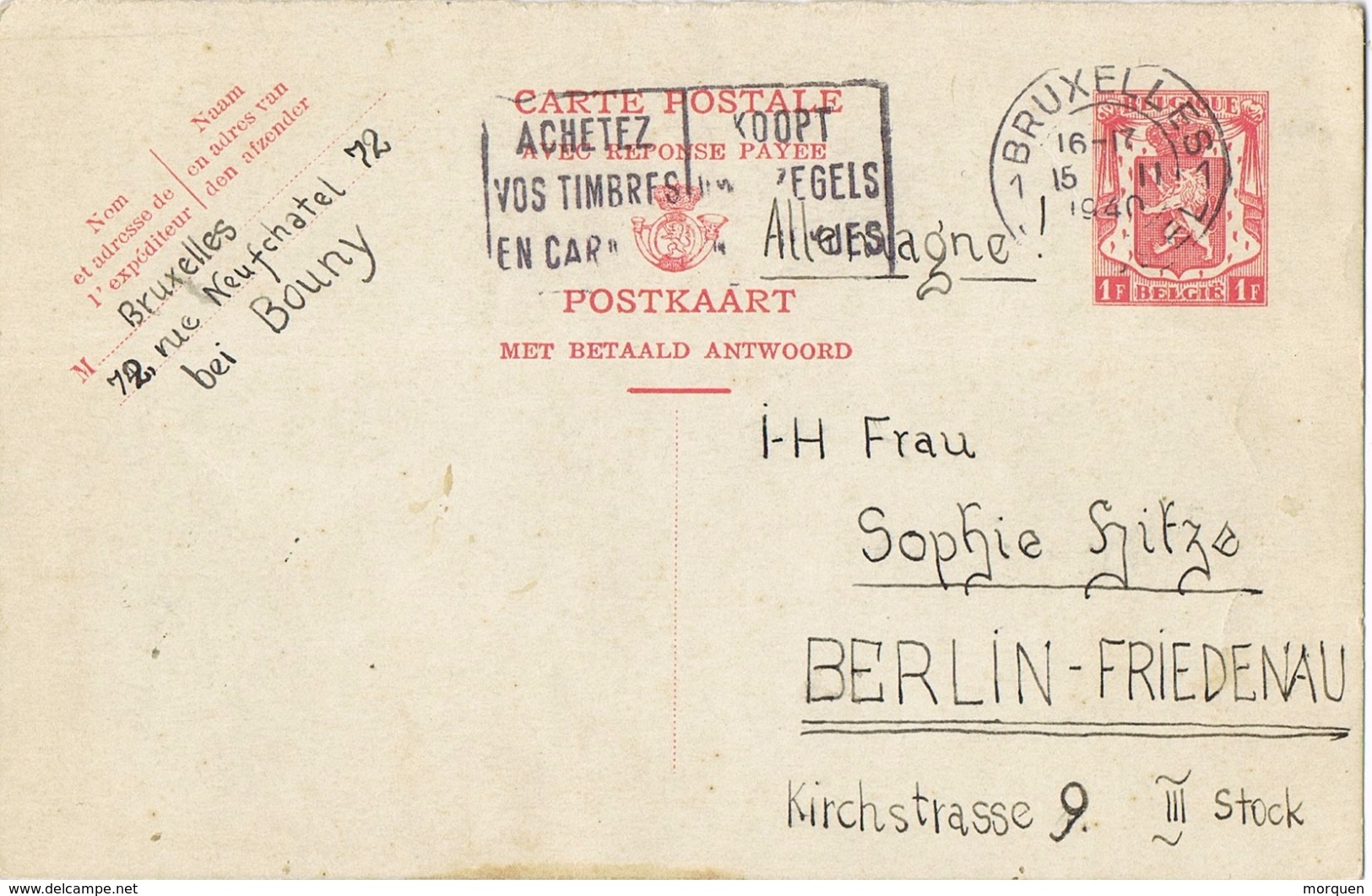 24234. Entero Postal BRUXELLES (Belgien) 1940. Slogan Timbres - Cupón-respuesta Internacionales