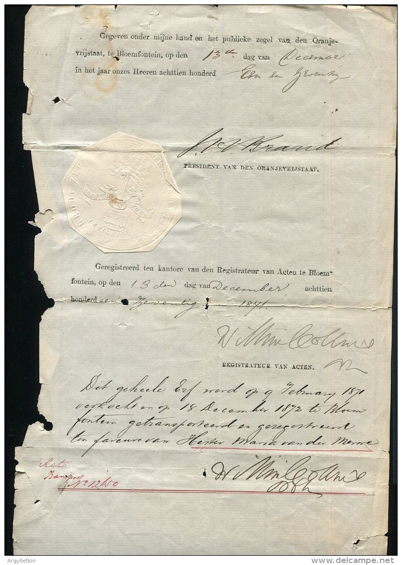 ORANGE FREE STATE SIGNATURE PRESIDENT BRAND 1871 - Other & Unclassified