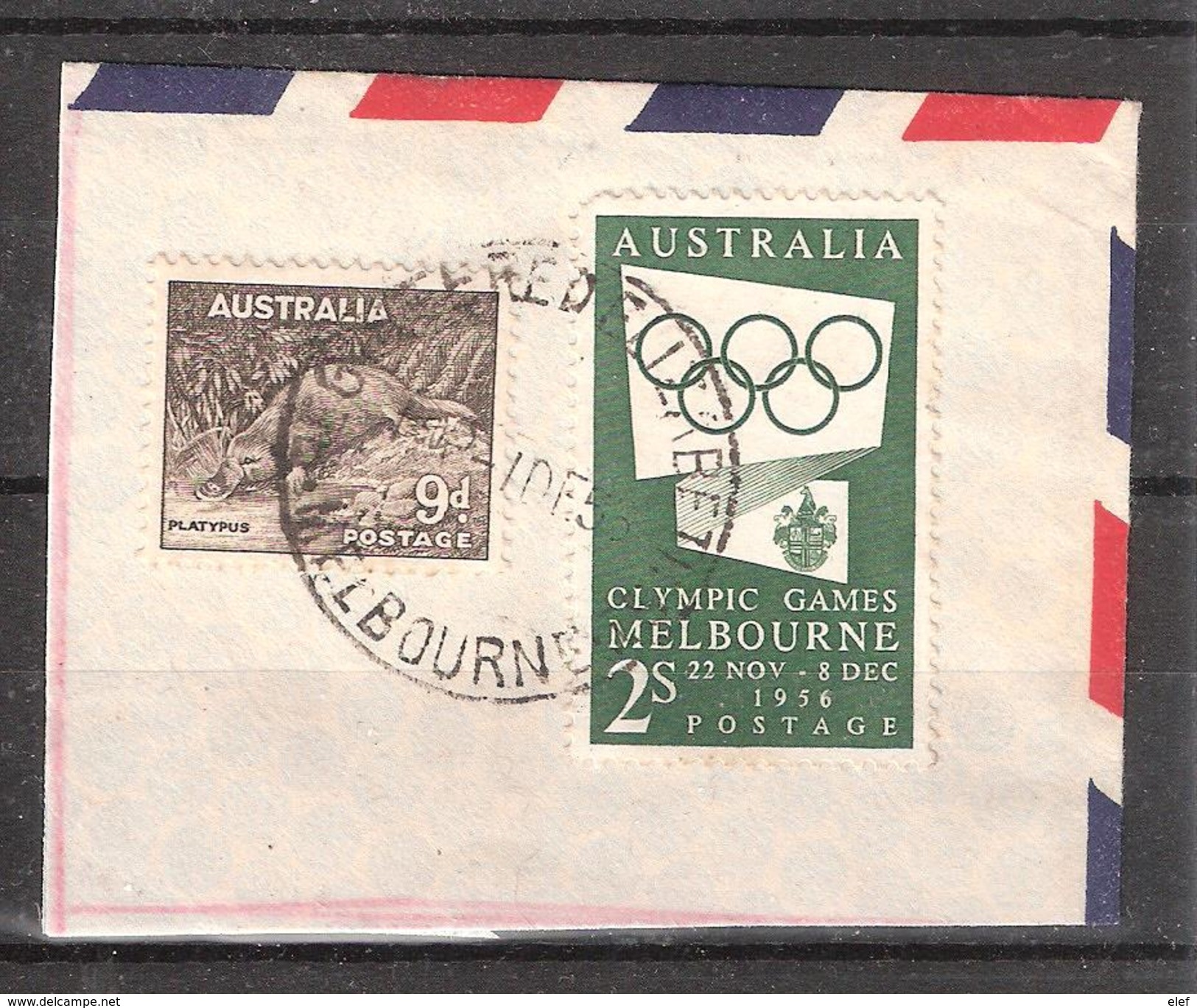 AUSTRALIA , JO 1956 Olympics Melbourne 2 S Sur Fragment + Ornithorynque 9 P Platypus Obl 1 DEC 1955, TB - Sommer 1956: Melbourne