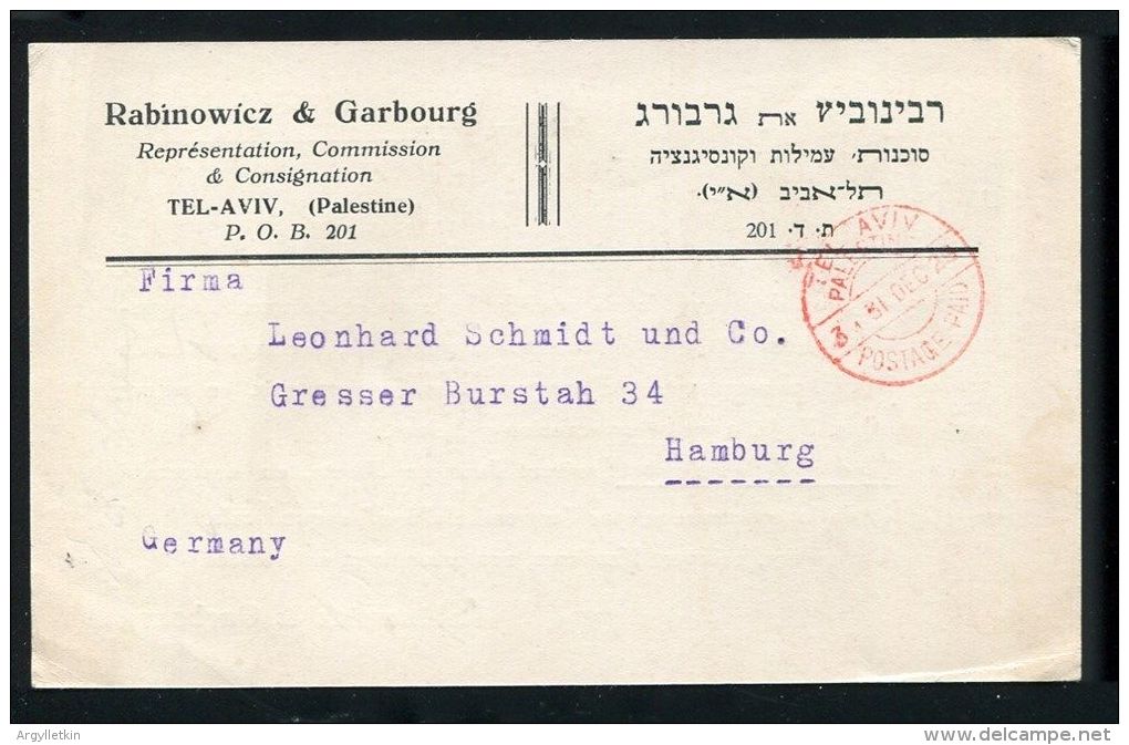 PALESTINE TEL AVIV POSTAGE PAID VERY EARLY POSTMARK 1929 - Palestine