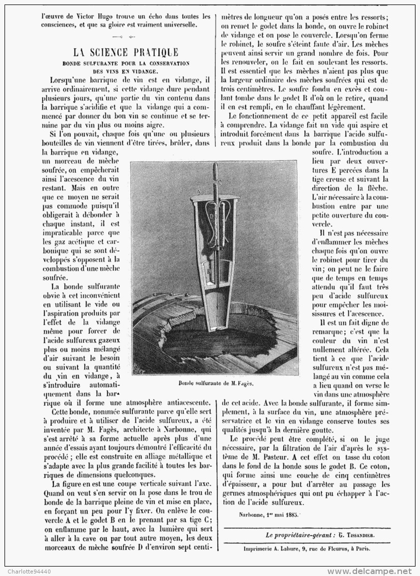 BONDE SULFURANTE POUR LA CONSERVATION DES VINS EN VIDANGE   1885 - Vin