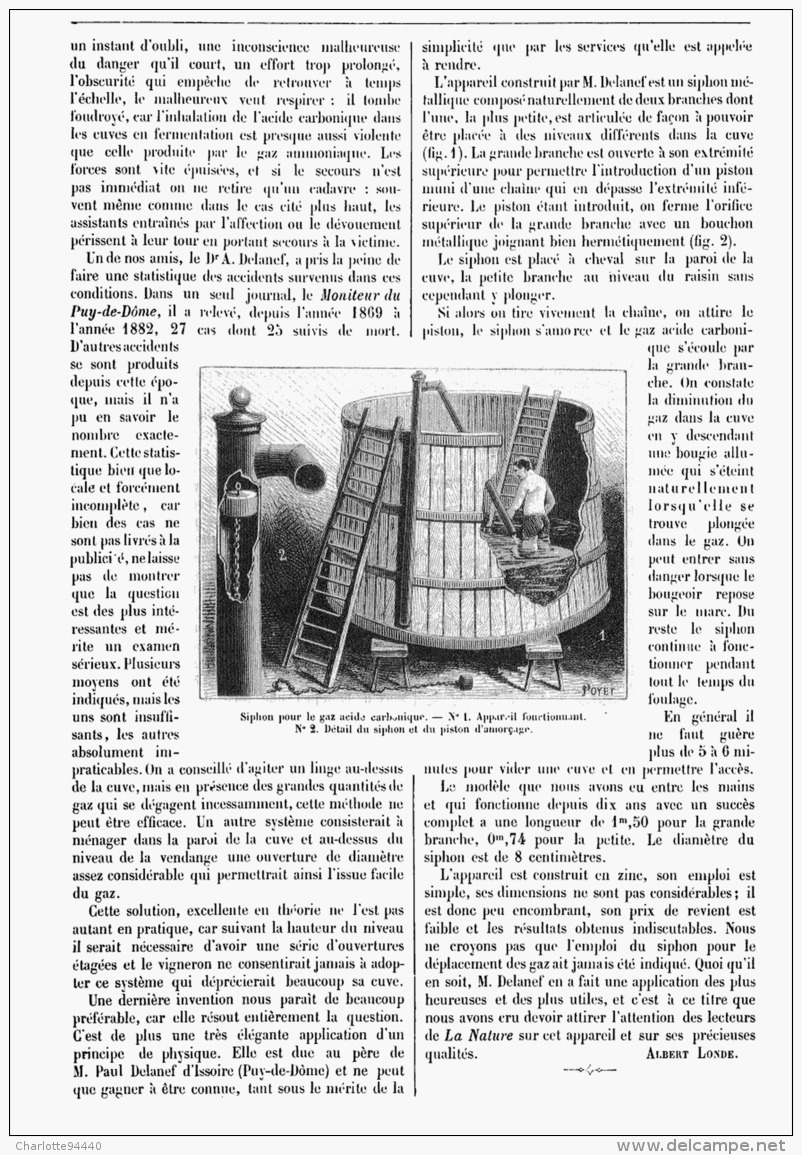 L'ASPHHYXIE PAR L'ACIDE CARBONIQUE Un Siphon à Gaz    1885 - Vino