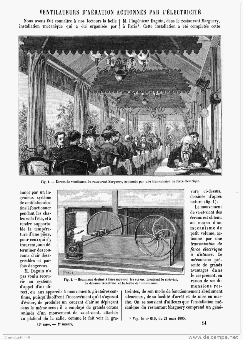 VENTILATEURS D'AERATION ACTIONNES PAR L'ELECTRICITE Au Restaurant MARGUERY à PARIS  1885 - Autres & Non Classés