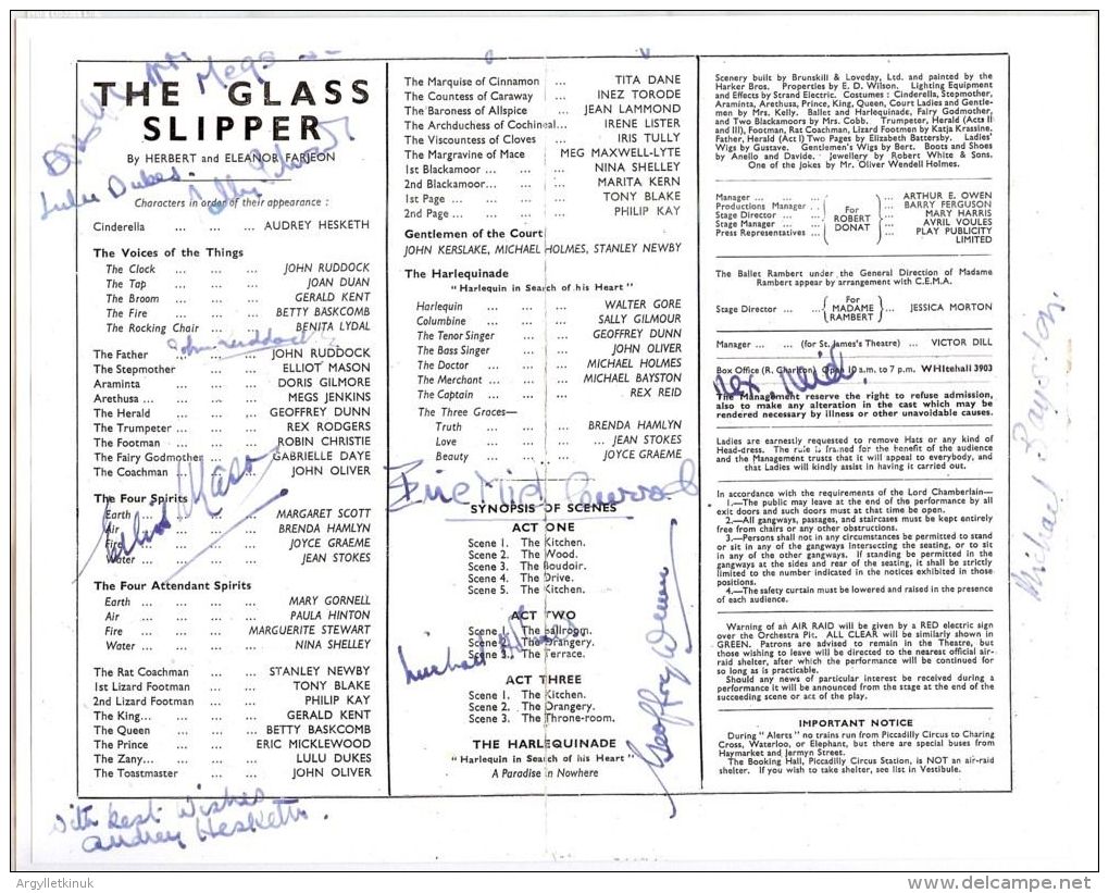 SIGNED PROGRAMME THE GLASS SLIPPER FARJEON FAGAN ECT ST JAMES'S THEATRE 1944 - Programs