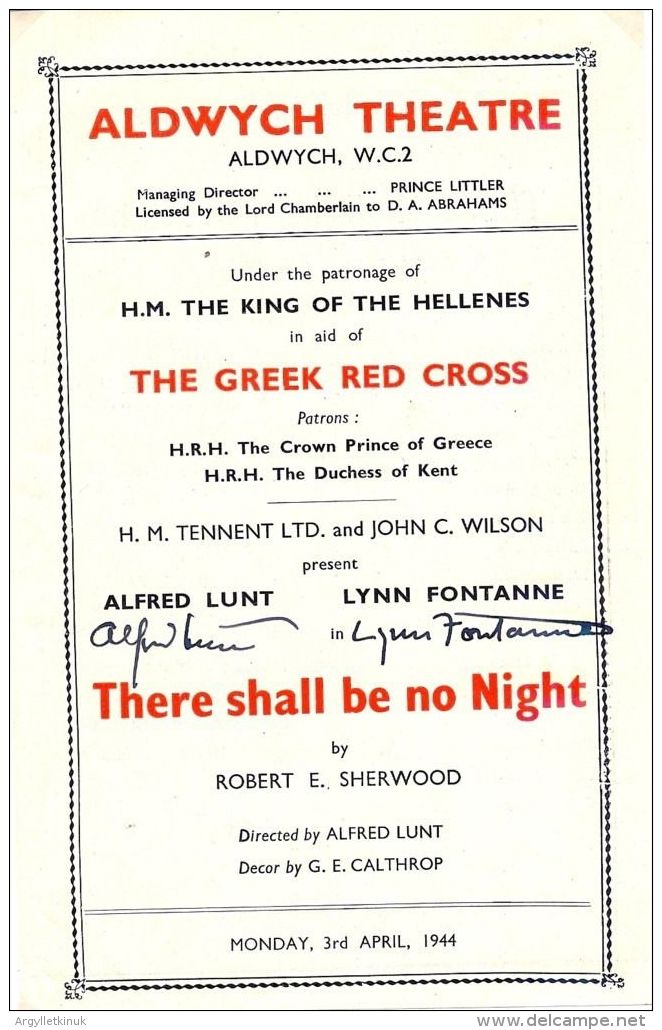 SIGNED ALDWYCH THEATRE PROGRAMME THERE SHALL BE NO NIGHT GREEK RED CROSS 1944 - Programs