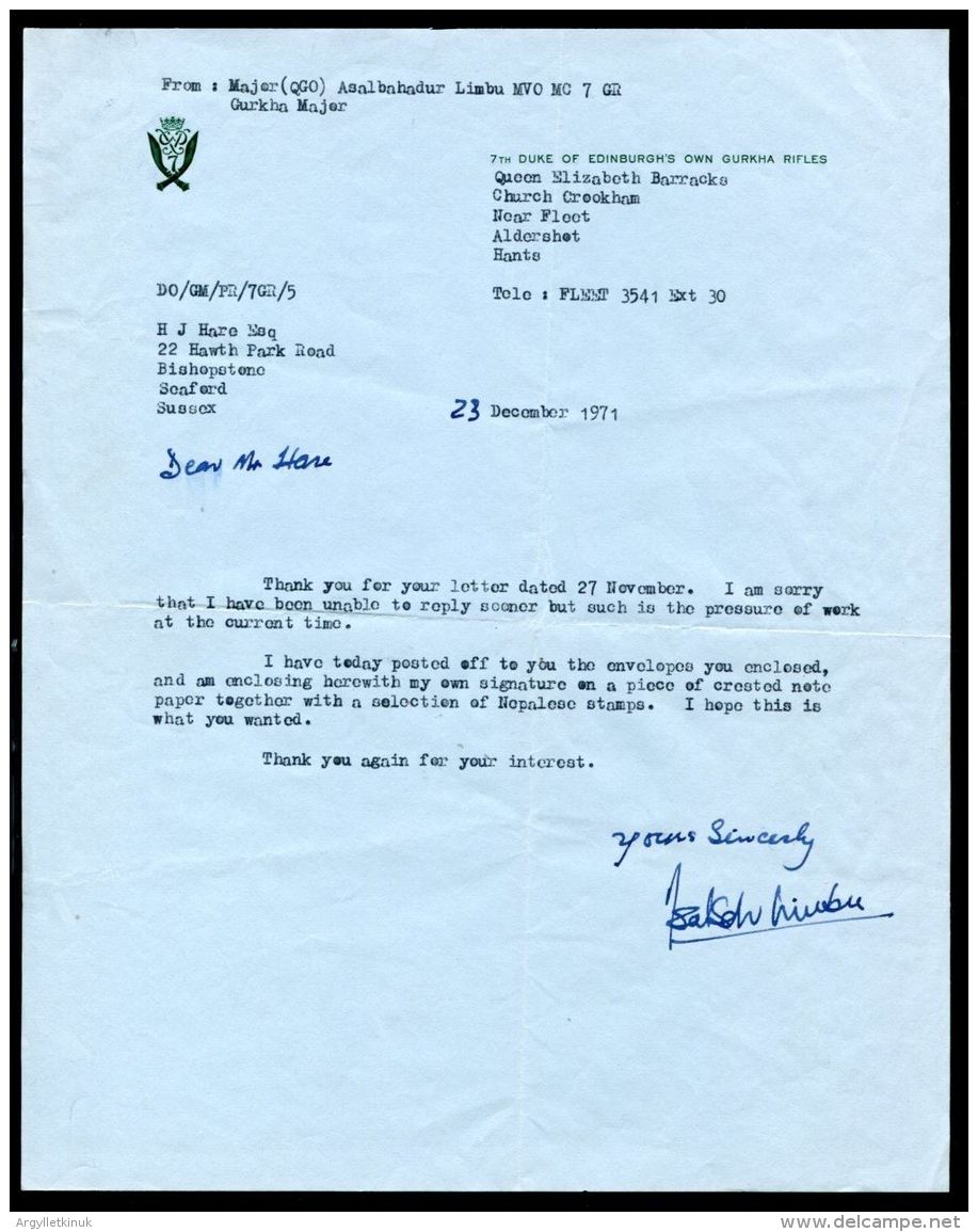 LETTER & AUTOGRAPH MAJOR ASALBAHADUR LIMBU DUKE EDINBURGH GURKHA RIFLES 71 - Historical Documents