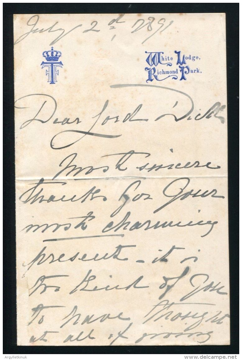 FRANCIS DUKE OF TECK LETTER 1891 WHITE LODGE FATHER OF QUEEN MARY GEORGE V - Other & Unclassified