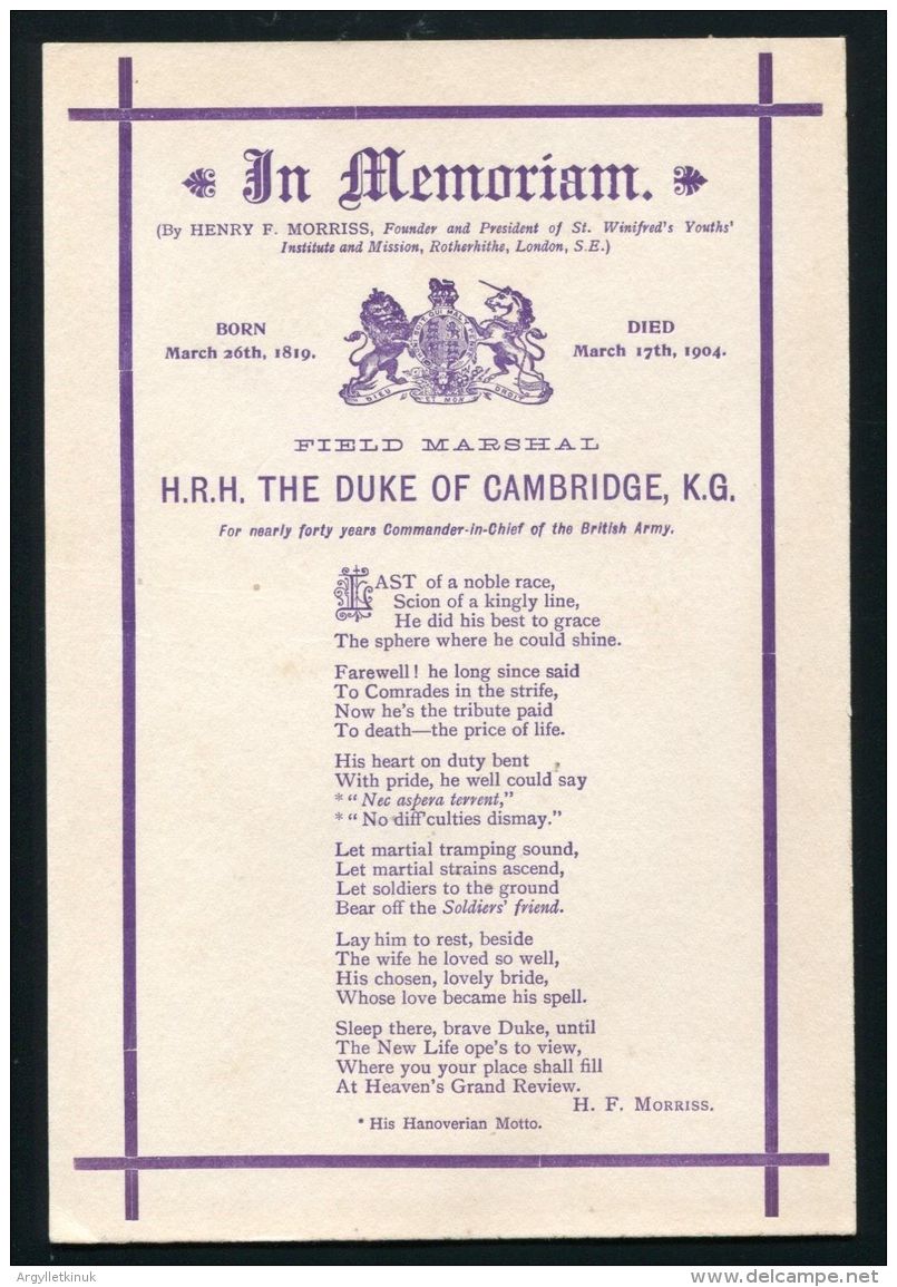 IN MEMORIAM PRINCE GEORGE DUKE OF CAMBRIDGE HOUSE OF HANOVER DEATH 1904 - Obituary Notices