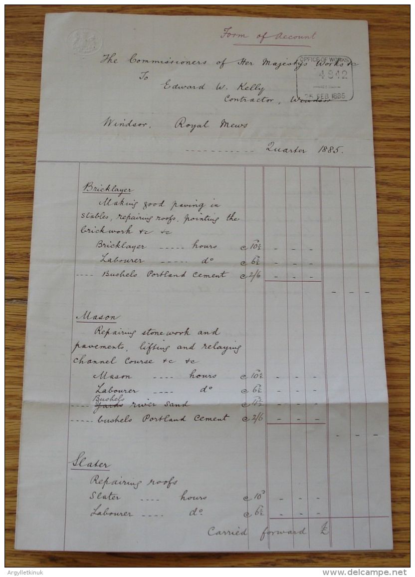 FORM OF ACCOUNT OFFICE OF WORKS STAMP RENOVATING ROYAL MEWS WINDSOR 1885 - Royaume-Uni